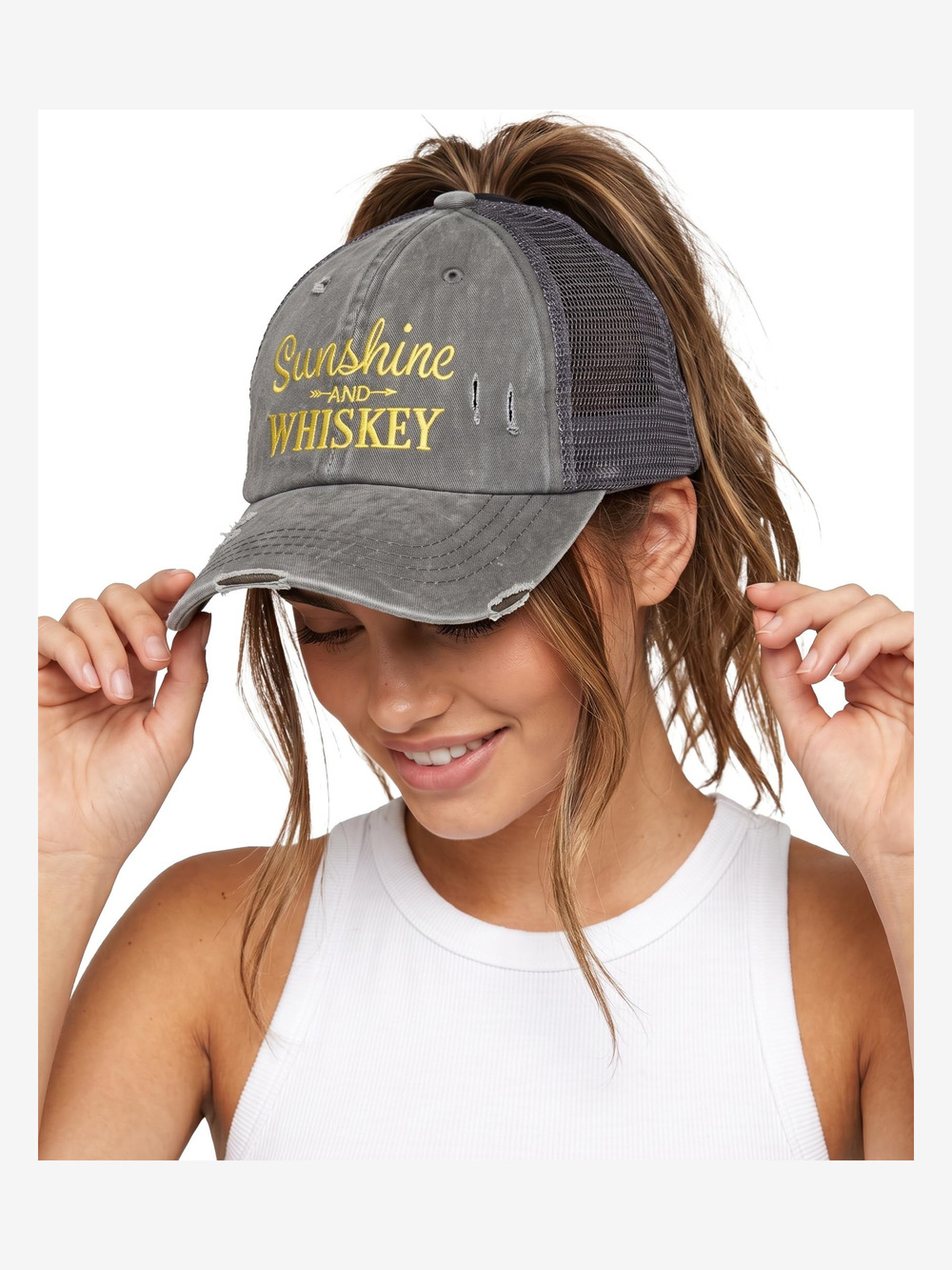 Criss Cross Ponytail Cap, Messy Bun Distressed Baseball Hat | Gray | Size OS